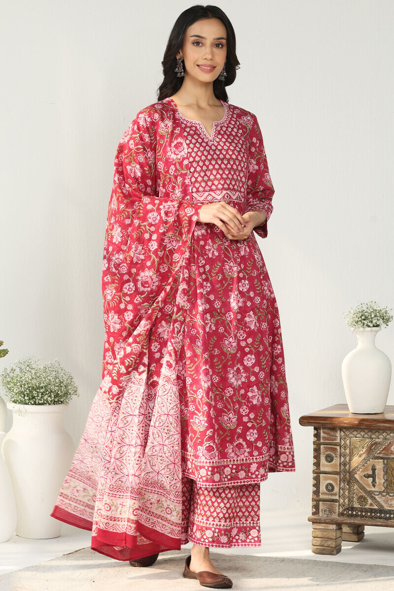 Pink Hand Block Printed A-Line Cotton Kurta