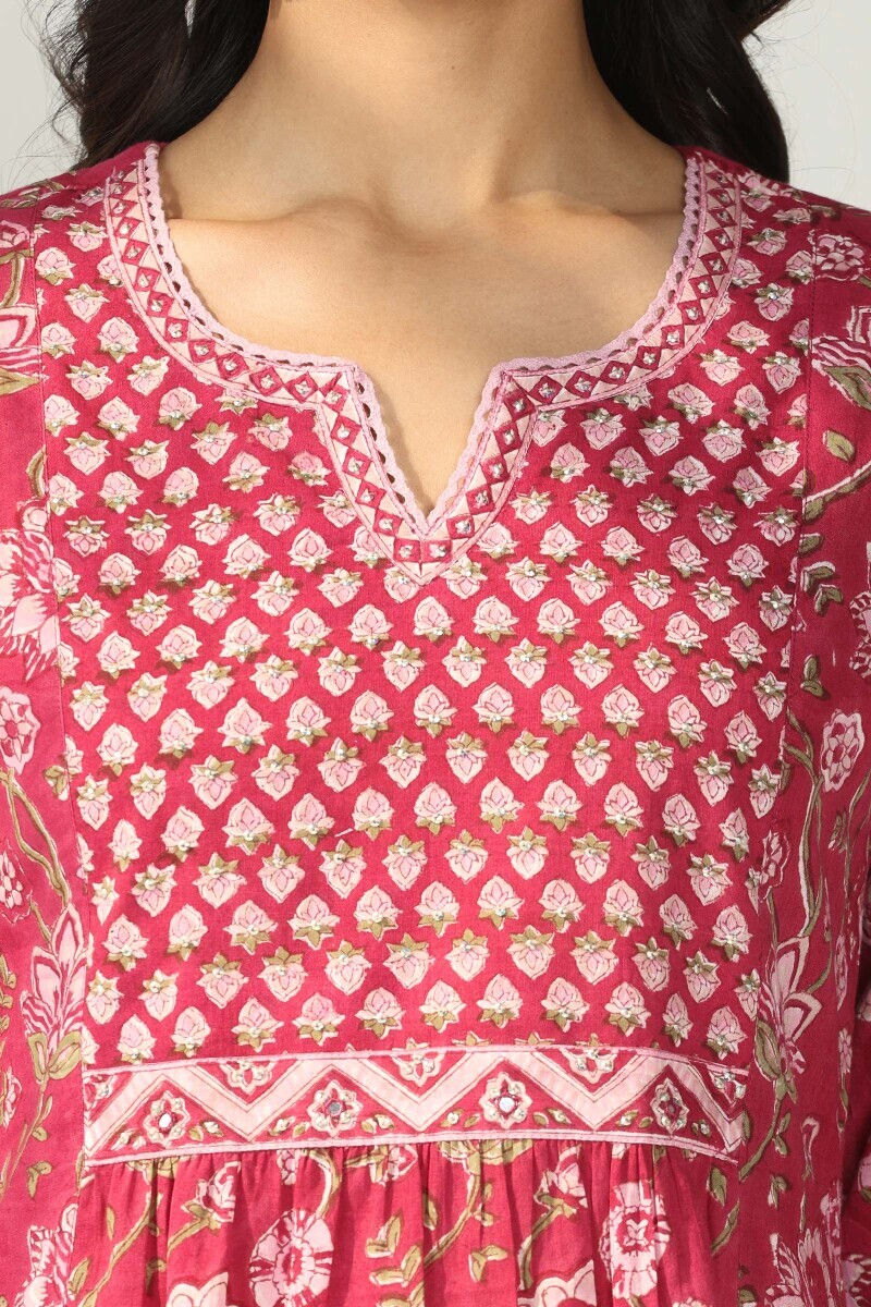 Pink Hand Block Printed A-Line Cotton Kurta