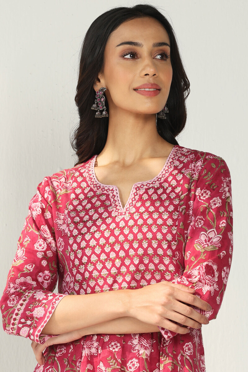 Pink Hand Block Printed A-Line Cotton Kurta