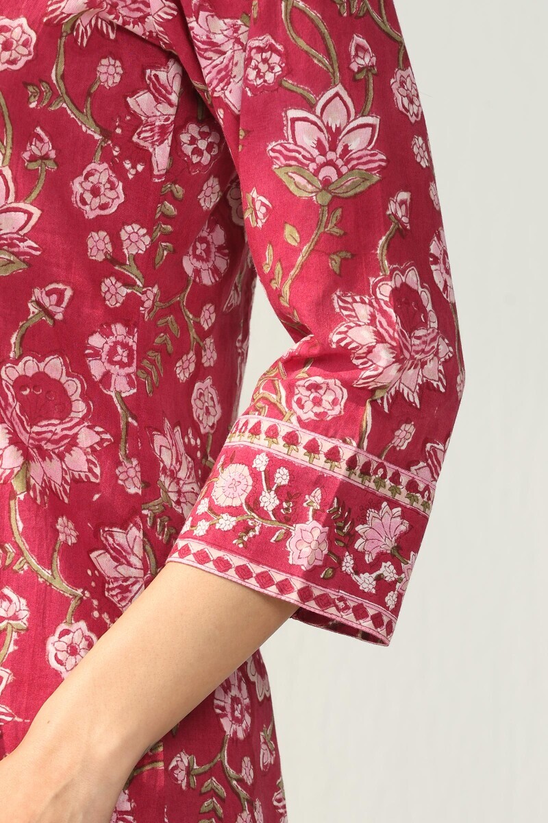 Pink Hand Block Printed A-Line Cotton Kurta