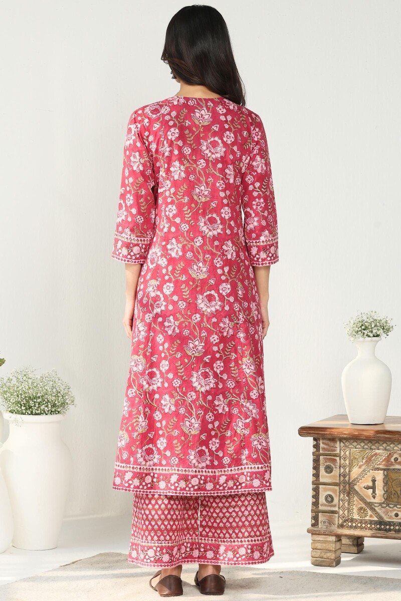 Pink Hand Block Printed A-Line Cotton Kurta