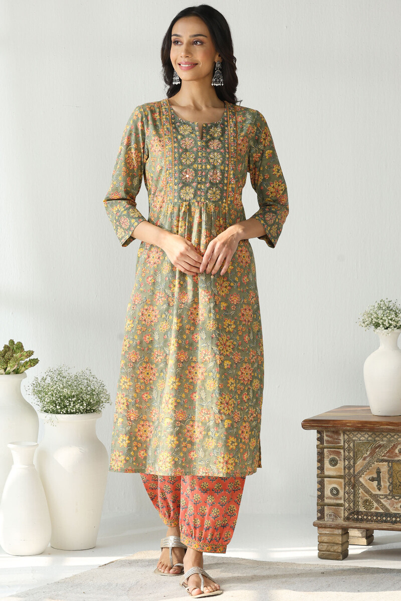 Green Hand Block Printed Straight Cotton Kurta