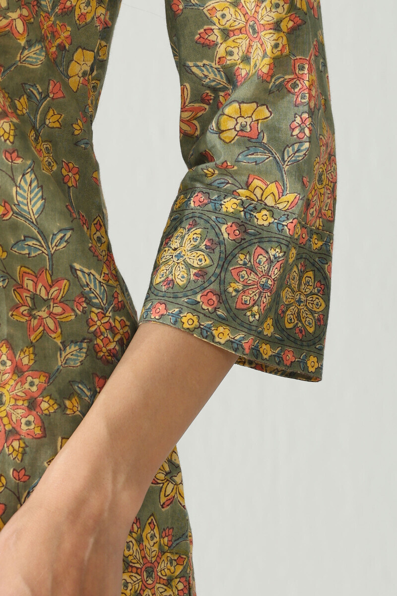 Green Hand Block Printed Straight Cotton Kurta