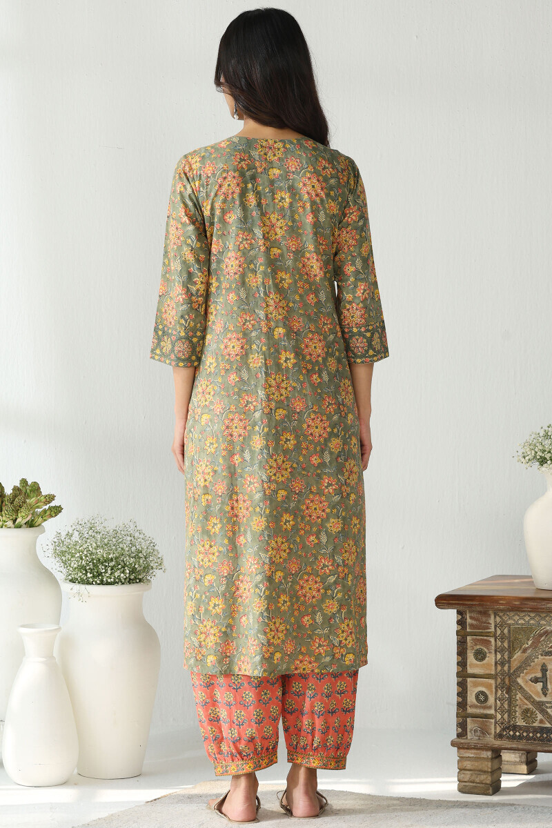 Green Hand Block Printed Straight Cotton Kurta