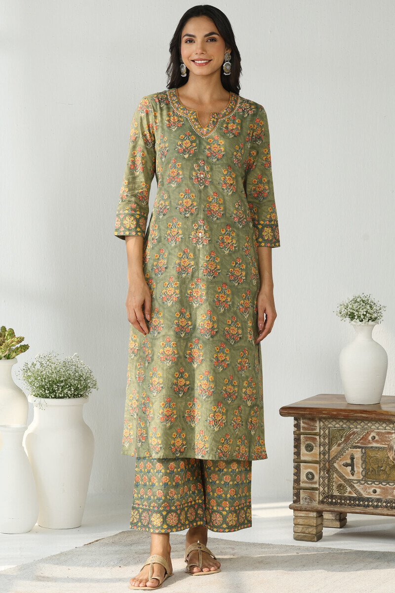 Green Hand Block Printed Straight Cotton Kurta
