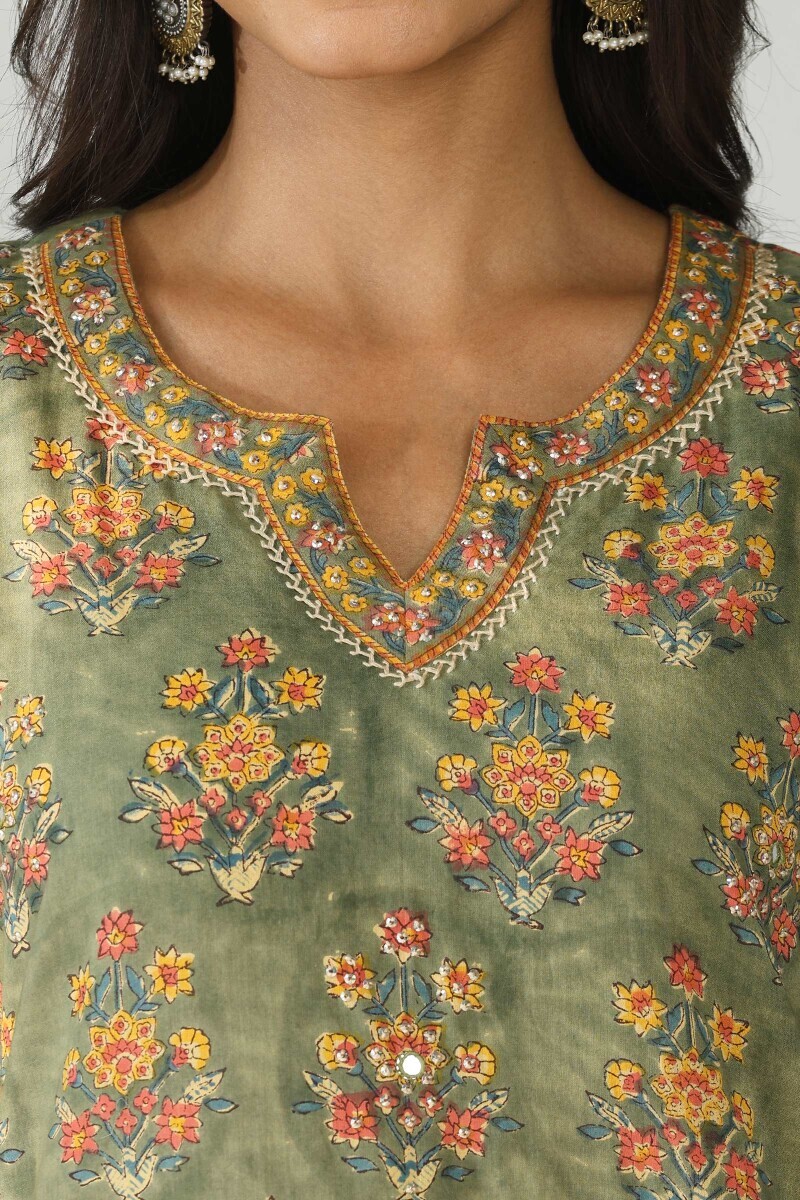Green Hand Block Printed Straight Cotton Kurta