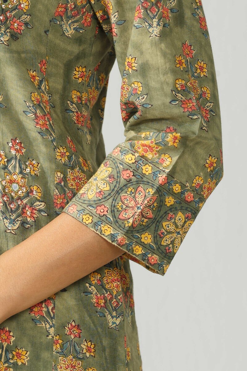 Green Hand Block Printed Straight Cotton Kurta