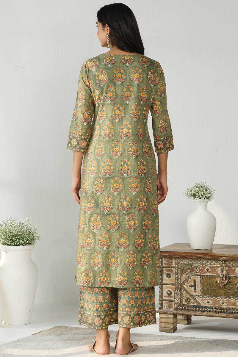 Green Hand Block Printed Straight Cotton Kurta