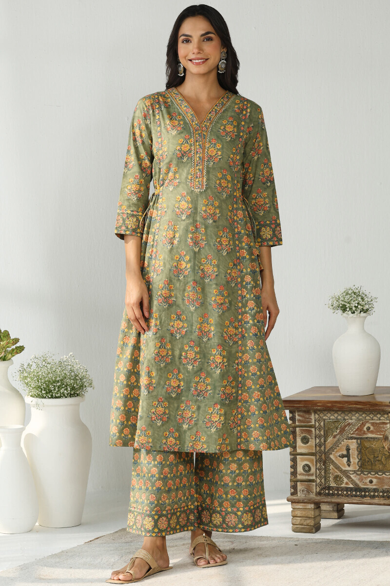 Green Hand Block Printed Cotton A-Line Kurta