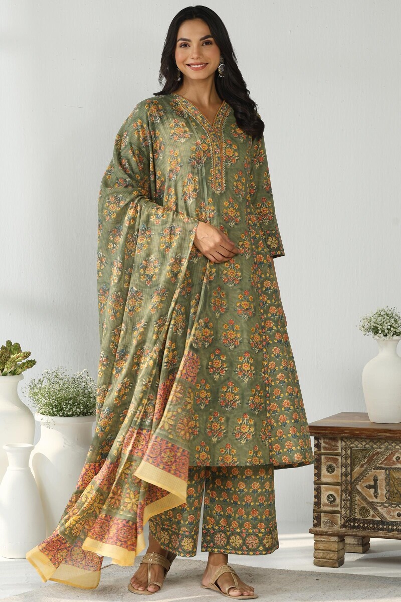 Green Hand Block Printed Cotton A-Line Kurta