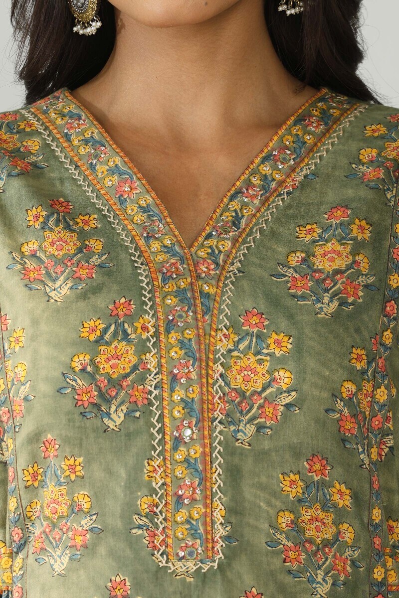 Green Hand Block Printed Cotton A-Line Kurta