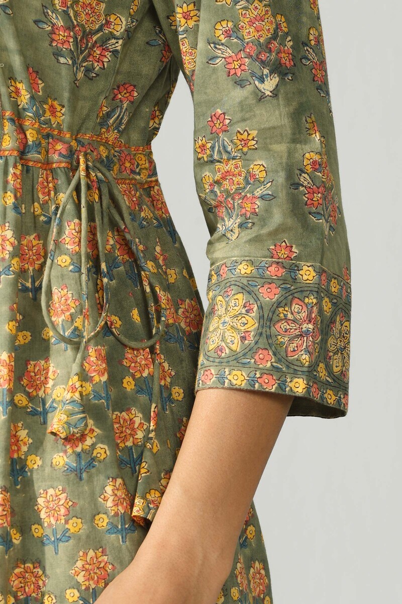 Green Hand Block Printed Cotton A-Line Kurta