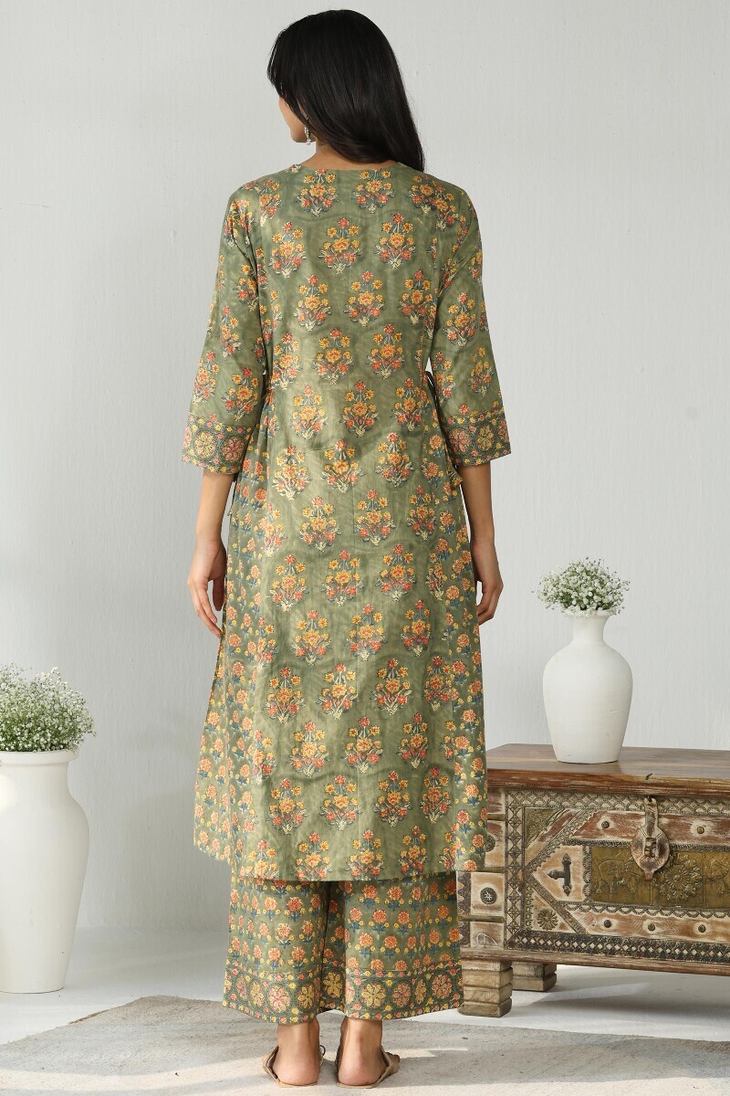 Green Hand Block Printed Cotton A-Line Kurta