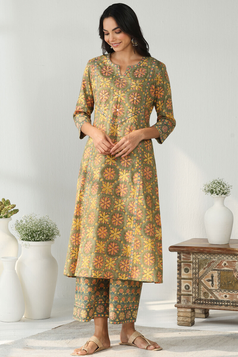 Green Hand Block Printed A-Line Cotton Kurta