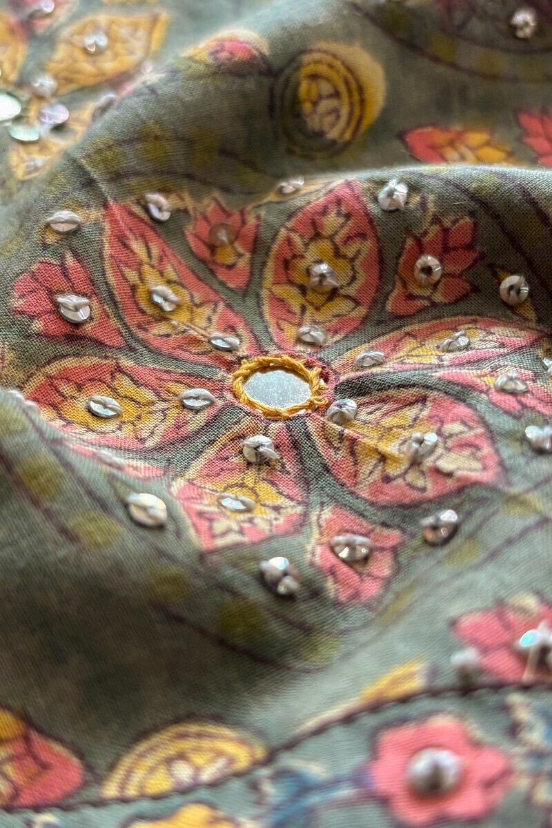 Green Hand Block Printed A-Line Cotton Kurta