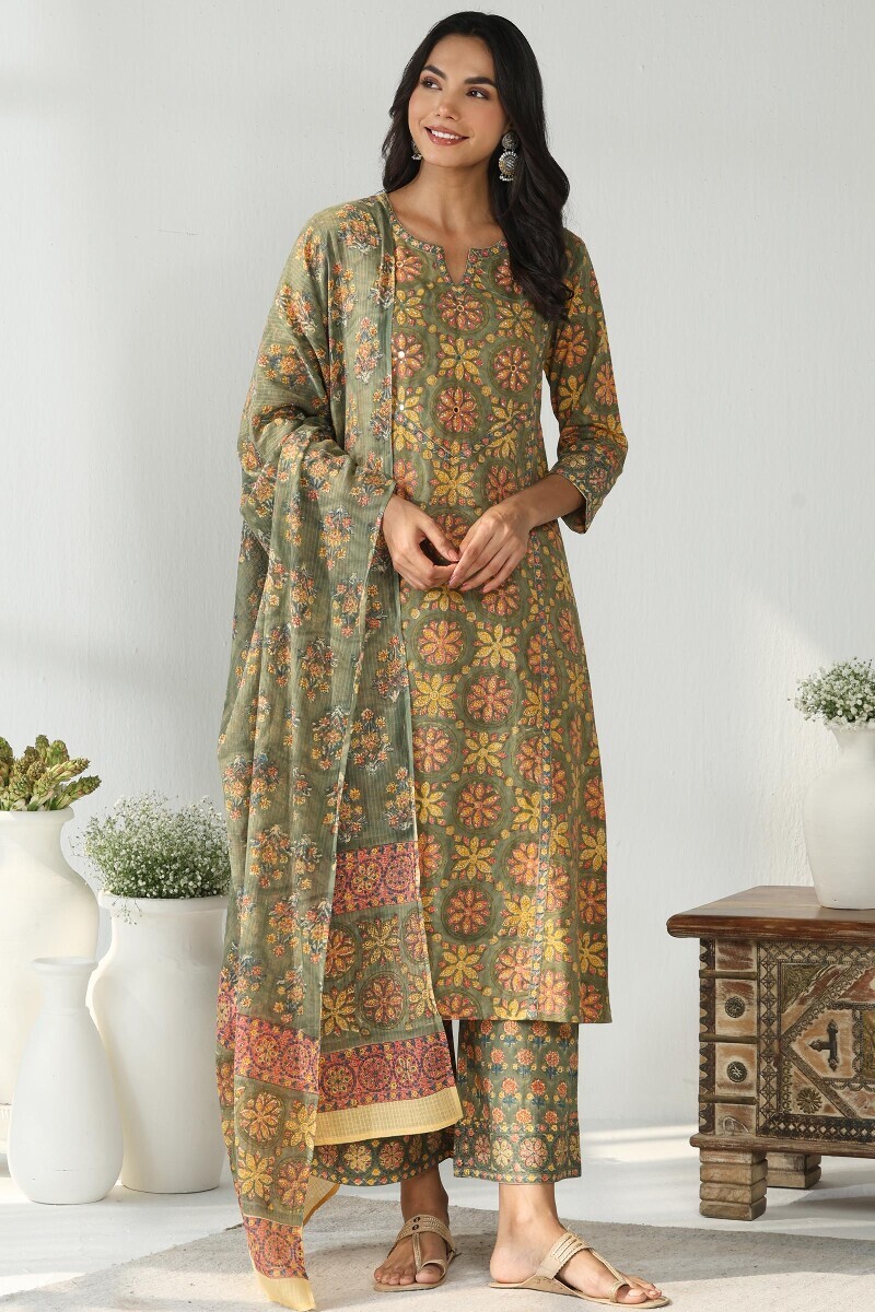 Green Hand Block Printed A-Line Cotton Kurta