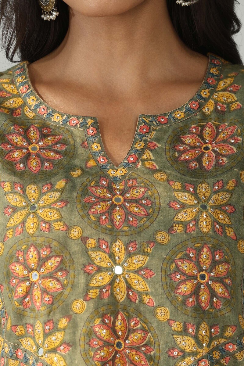 Green Hand Block Printed A-Line Cotton Kurta