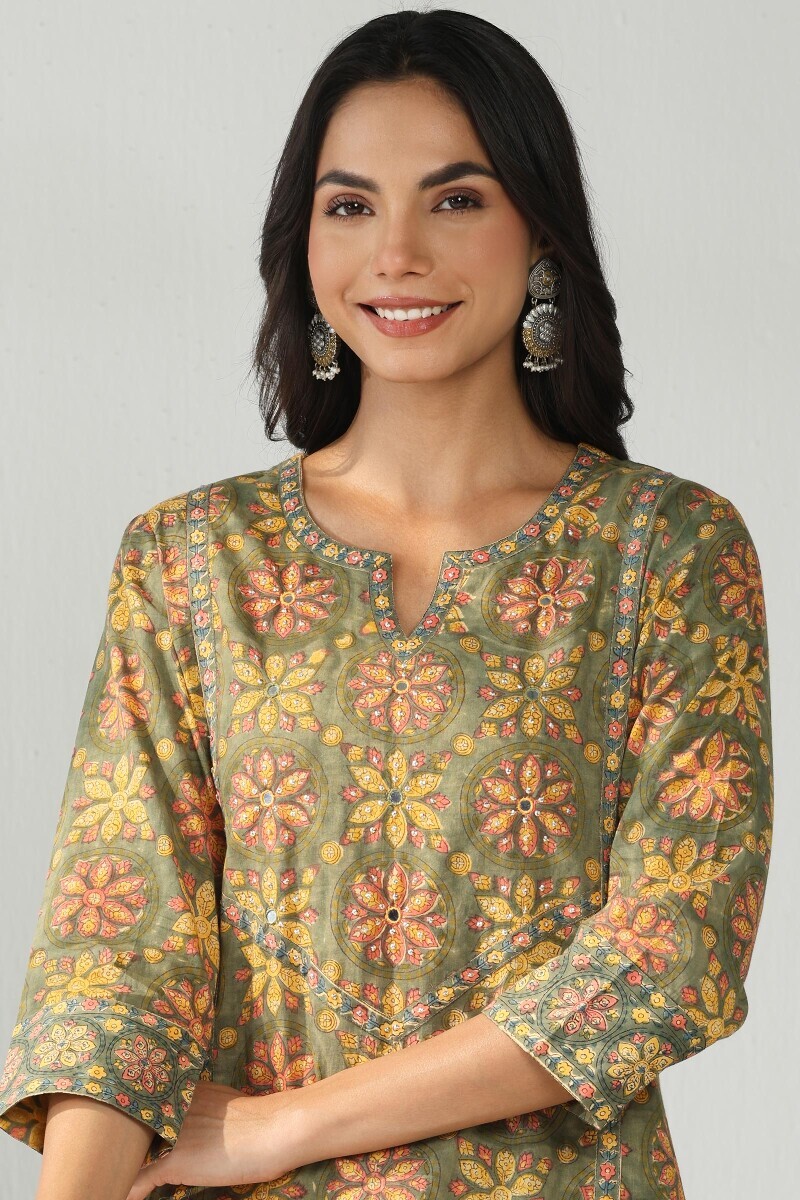 Green Hand Block Printed A-Line Cotton Kurta