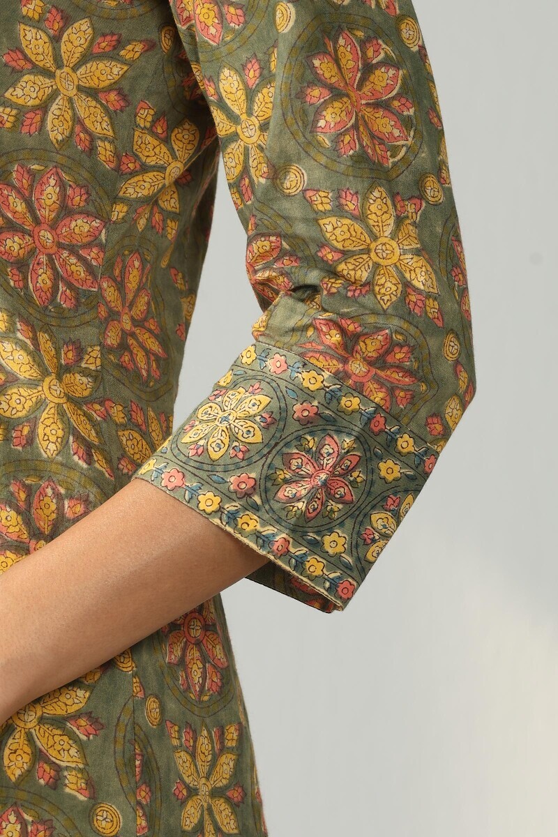 Green Hand Block Printed A-Line Cotton Kurta