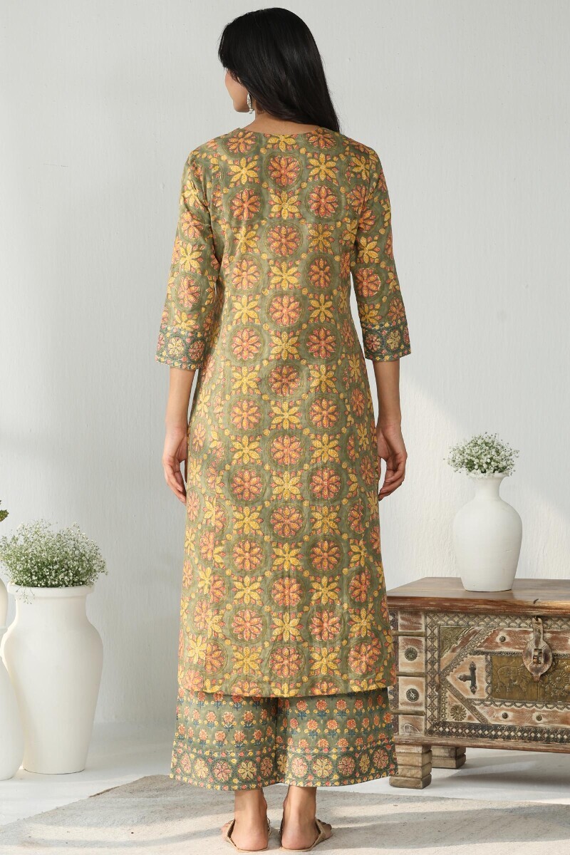 Green Hand Block Printed A-Line Cotton Kurta