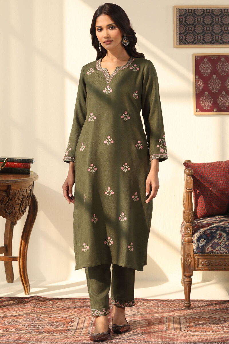 Green Handcrafted Straight Faux Wool Kurta