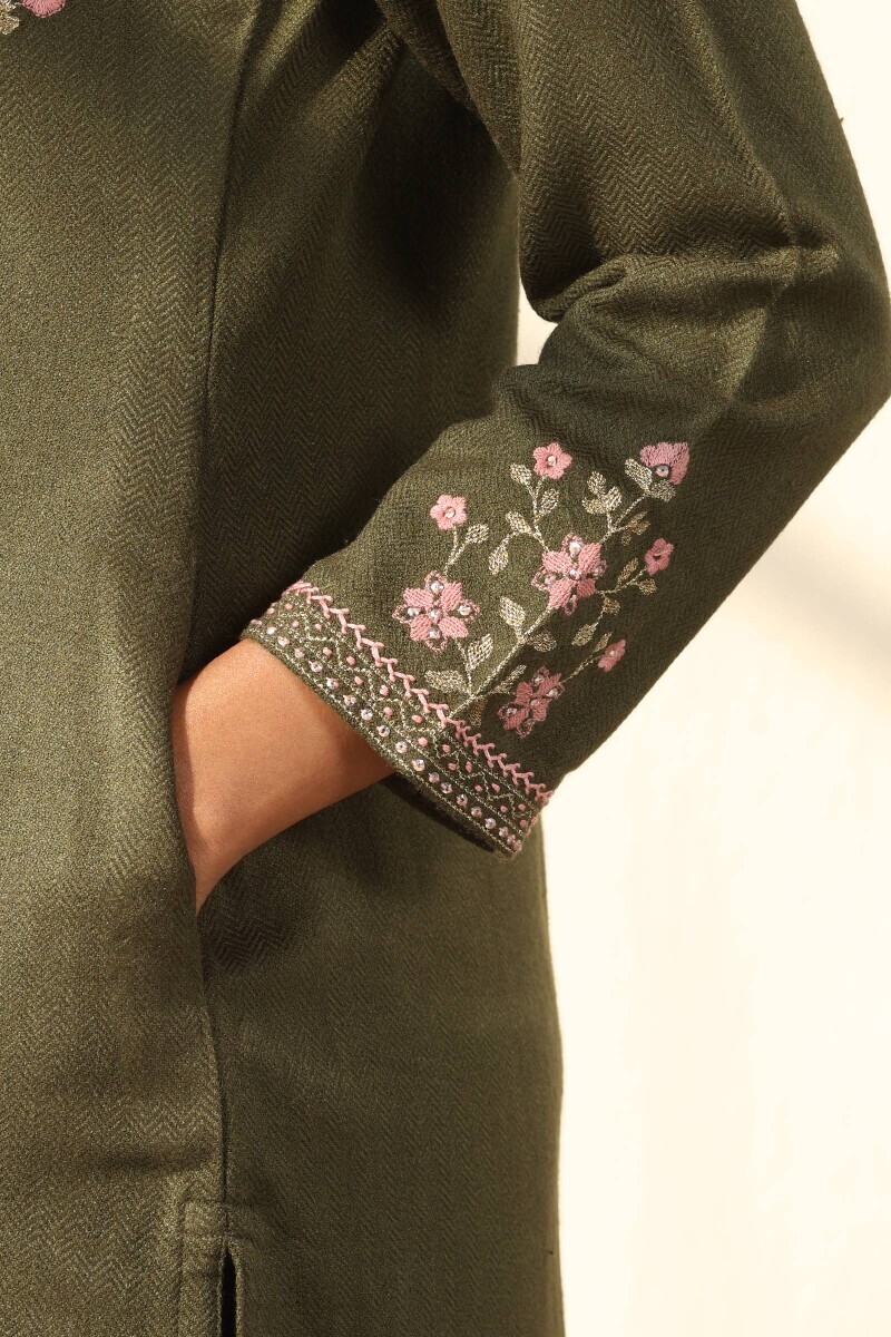 Green Handcrafted Straight Faux Wool Kurta