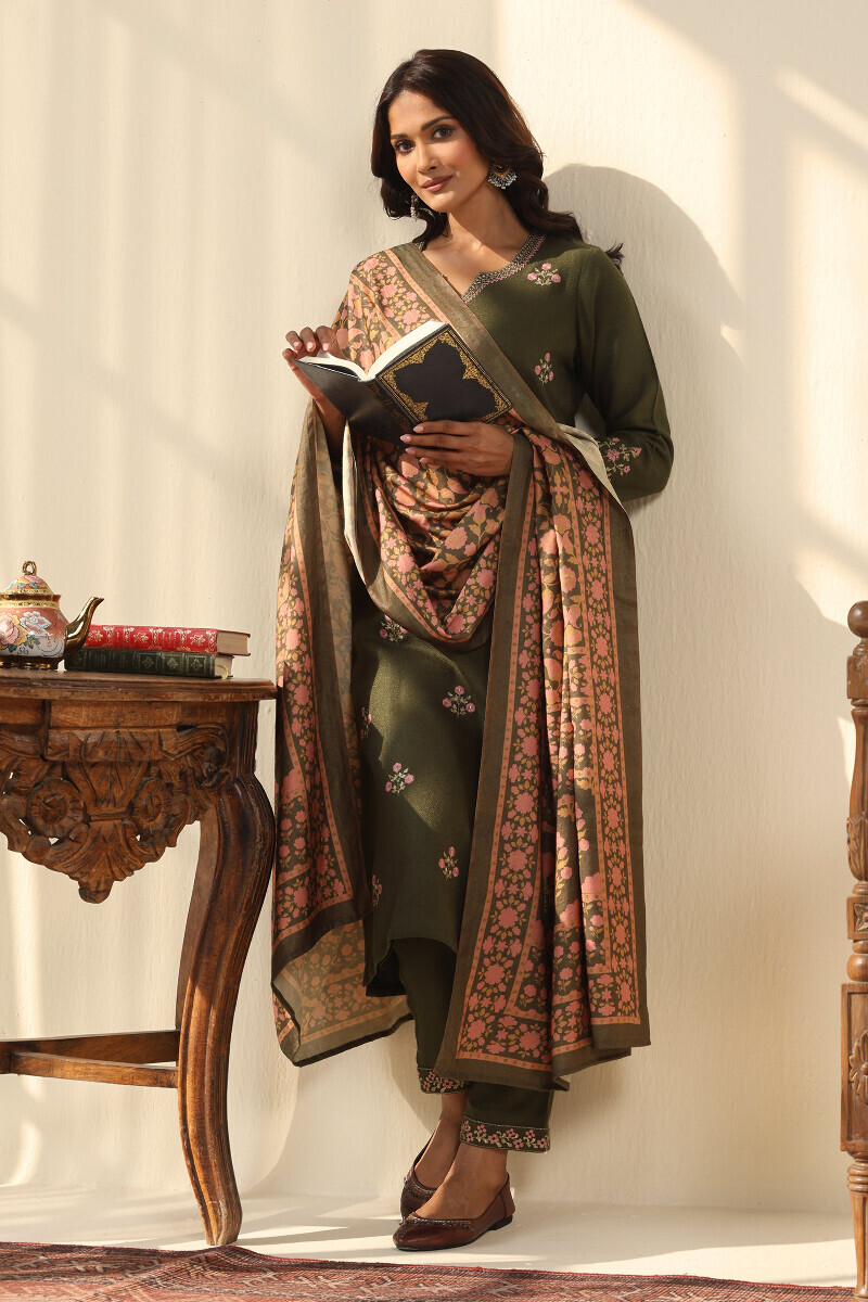 Green Handcrafted Straight Faux Wool Kurta