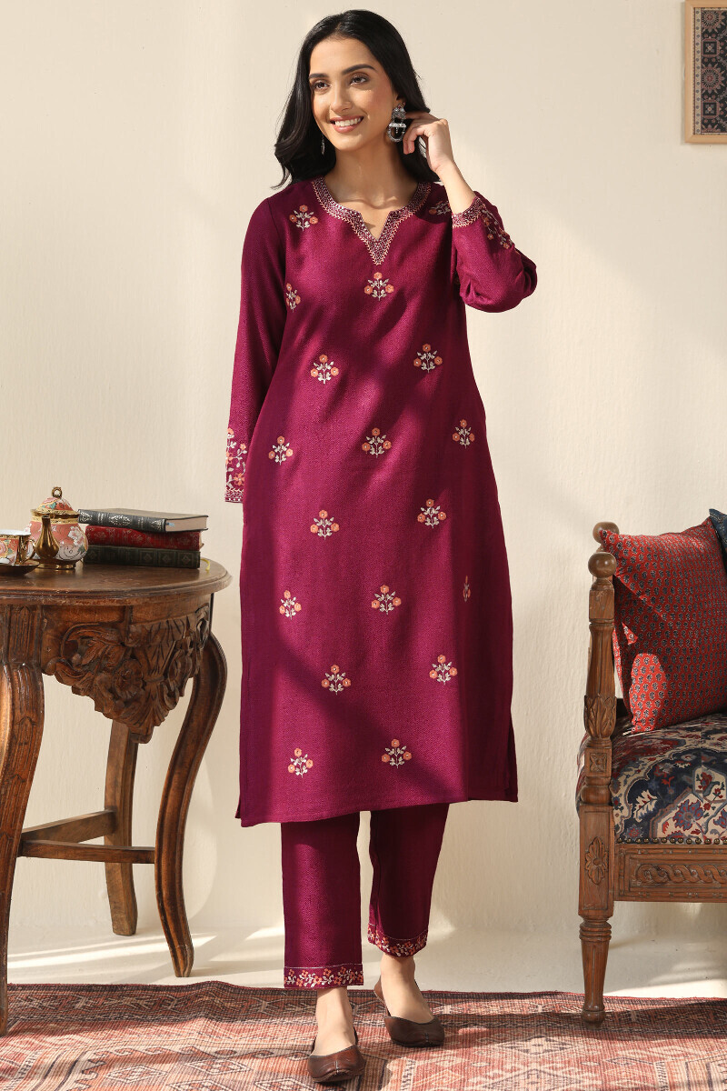 Purple Handcrafted Straight Faux Wool Kurta