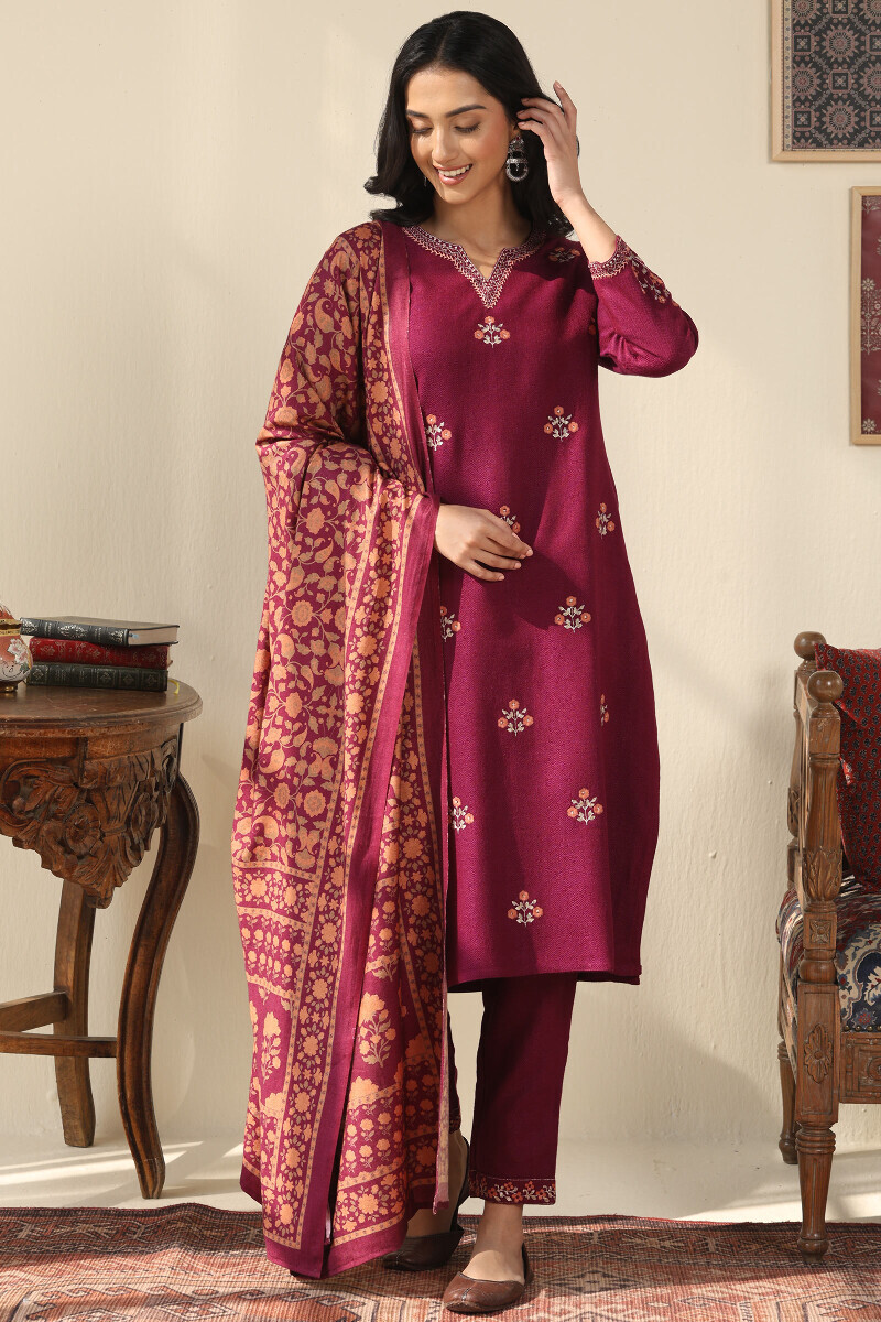 Purple Handcrafted Straight Faux Wool Kurta