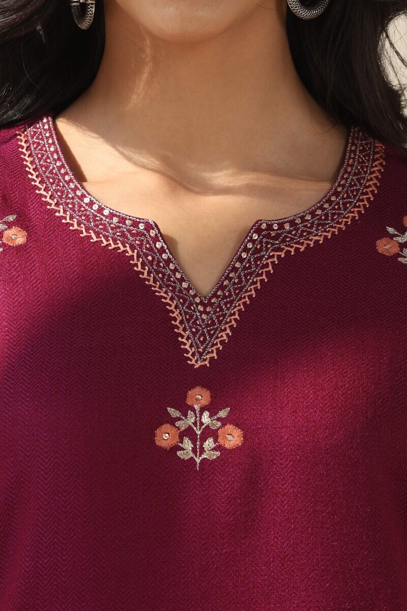 Purple Handcrafted Straight Faux Wool Kurta