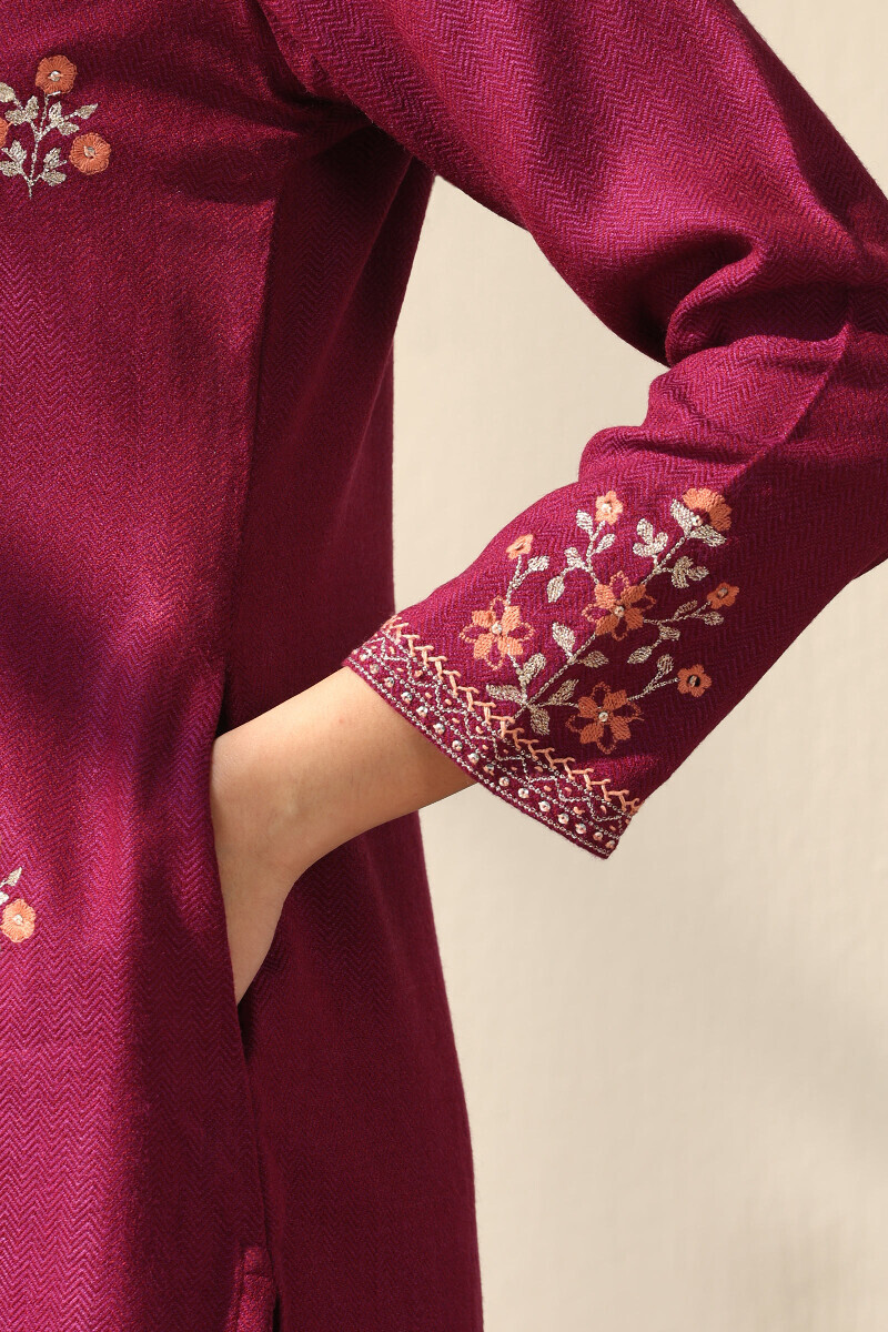 Purple Handcrafted Straight Faux Wool Kurta