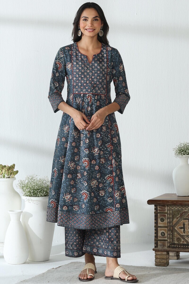 Indigo Hand Block Printed A-Line Cotton Kurta