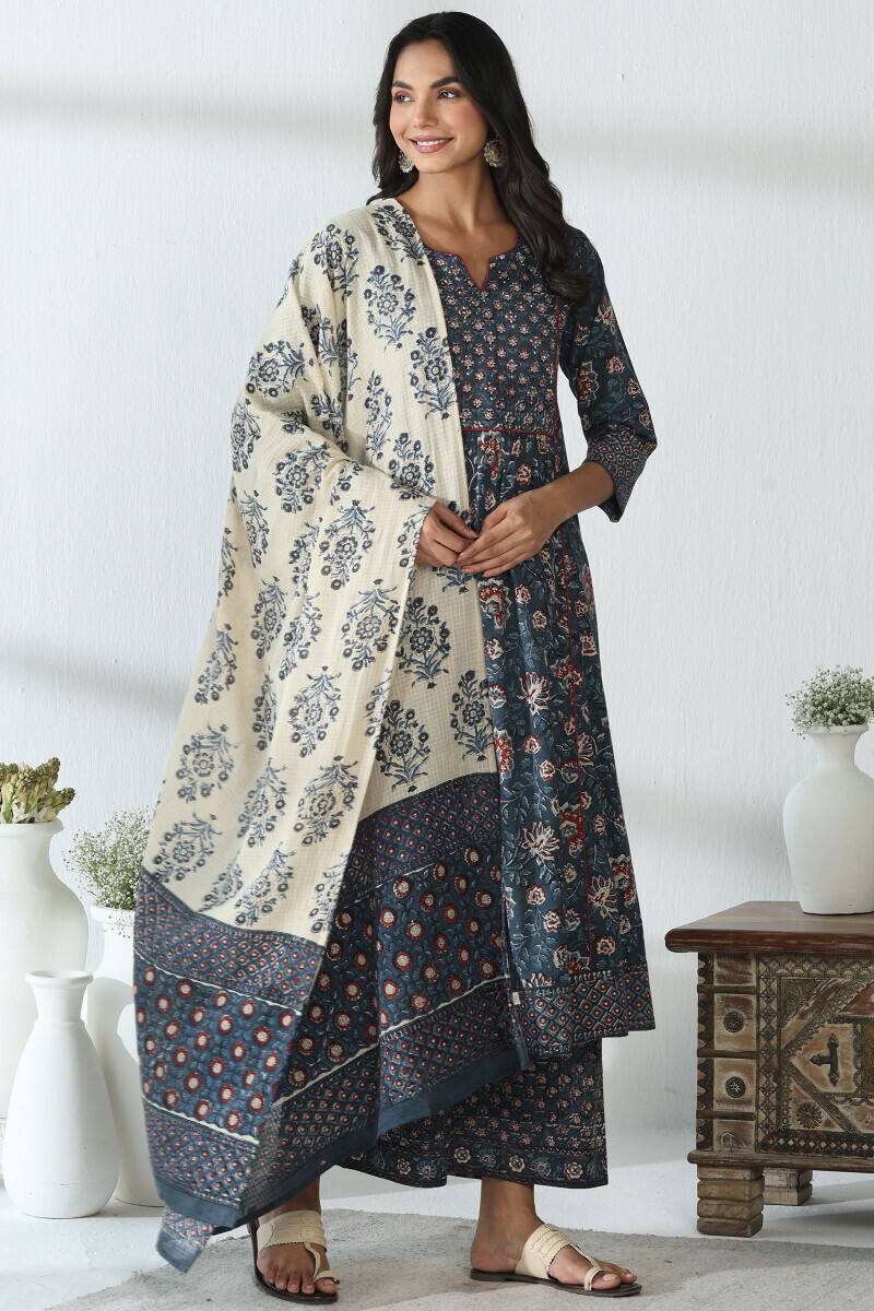 Indigo Hand Block Printed A-Line Cotton Kurta