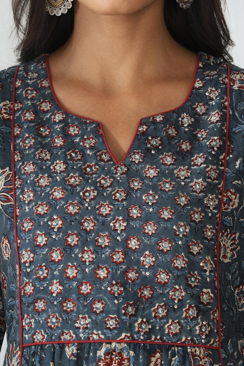 Indigo Hand Block Printed A-Line Cotton Kurta