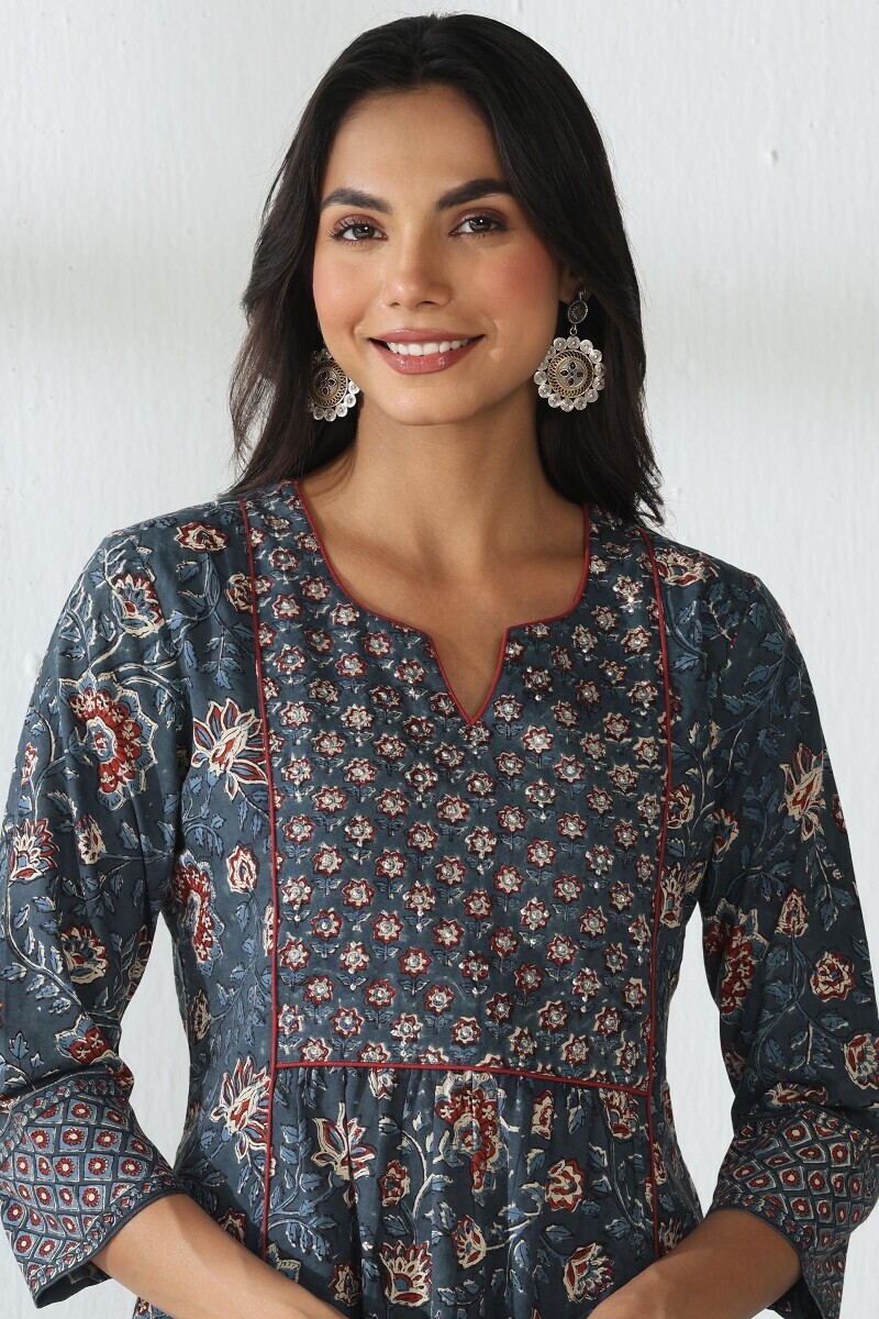 Indigo Hand Block Printed A-Line Cotton Kurta