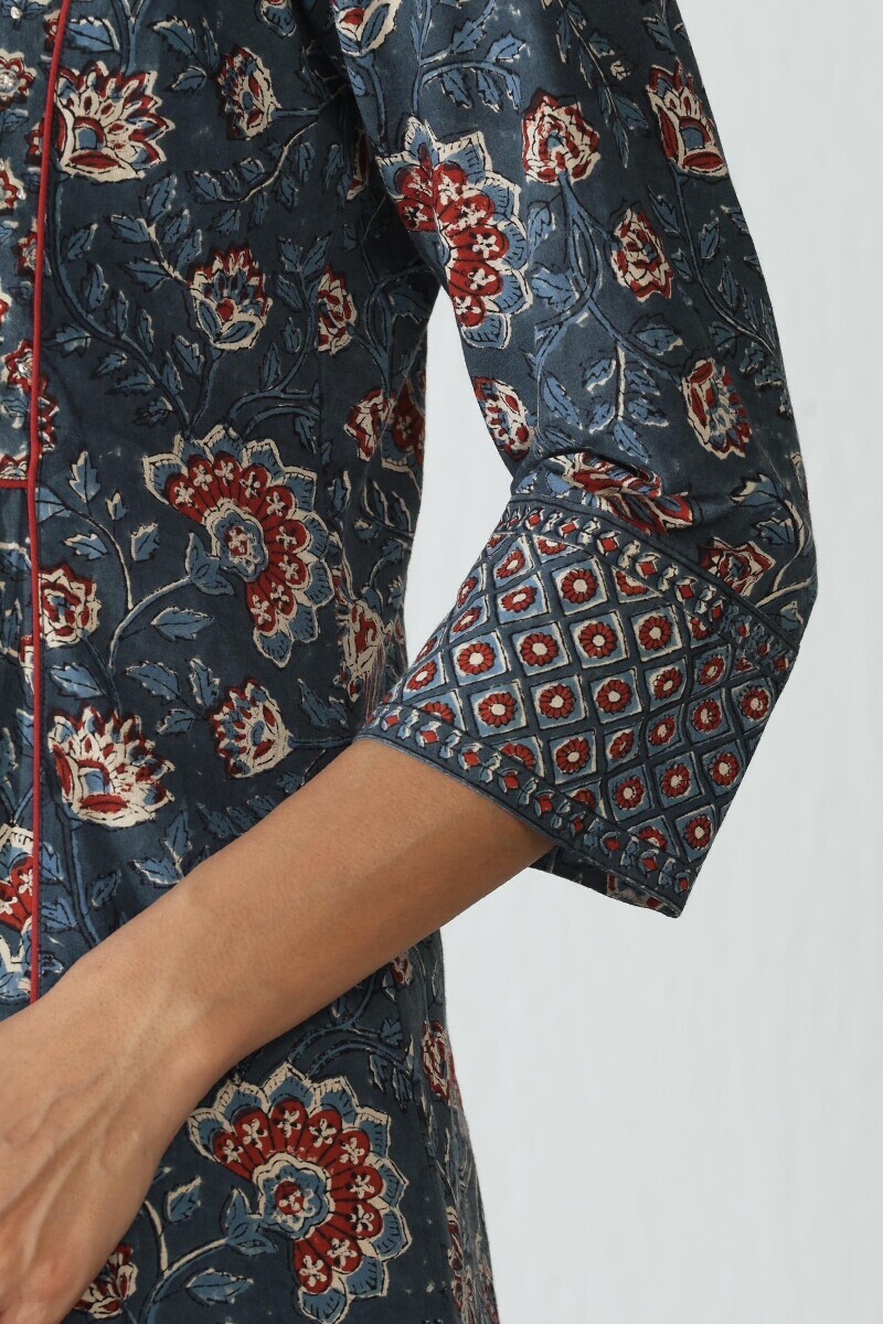 Indigo Hand Block Printed A-Line Cotton Kurta