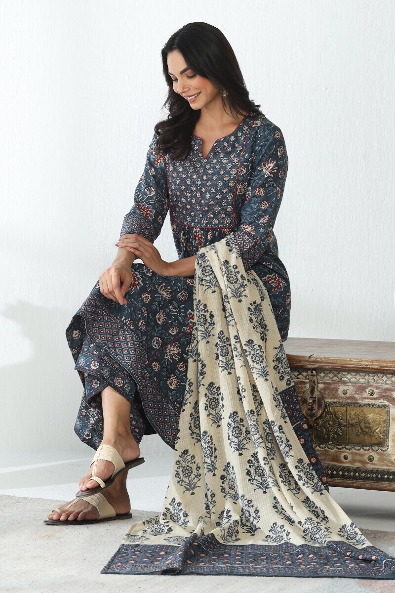 Indigo Hand Block Printed A-Line Cotton Kurta