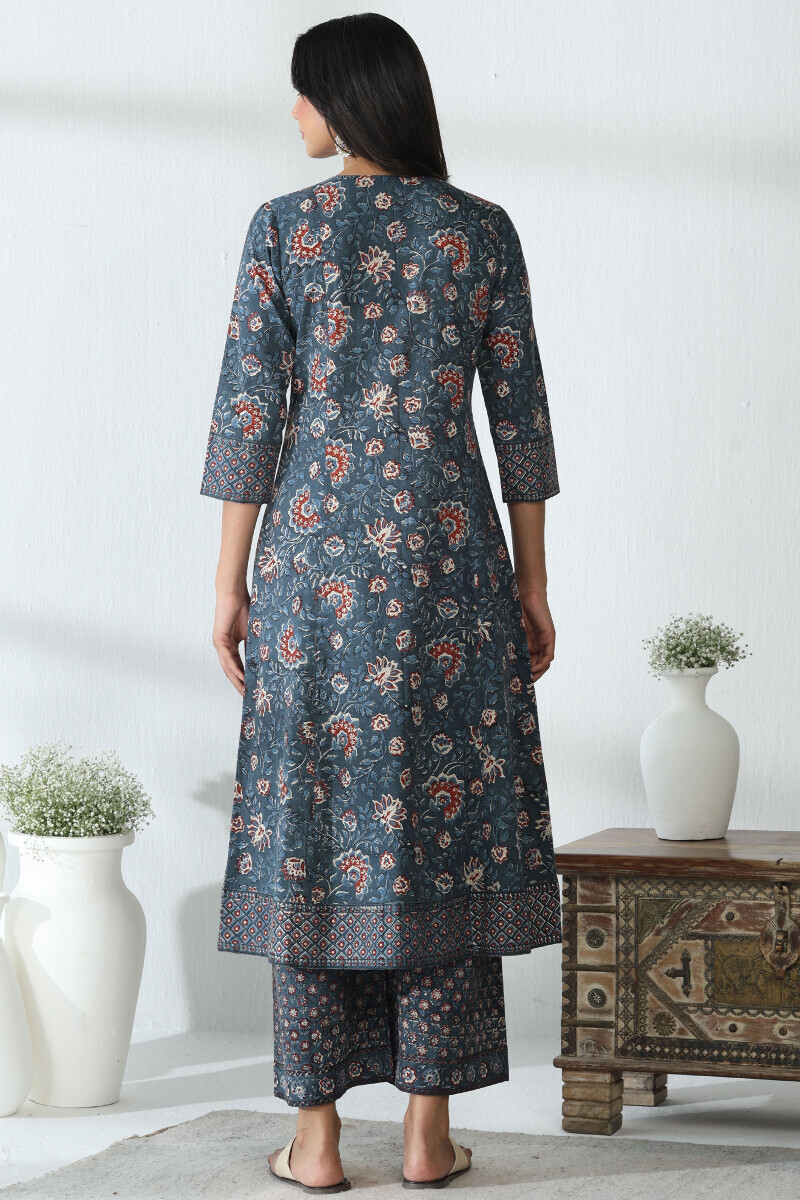 Indigo Hand Block Printed A-Line Cotton Kurta