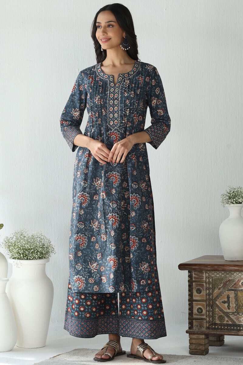 Indigo Hand Block Printed Straight Cotton Kurta