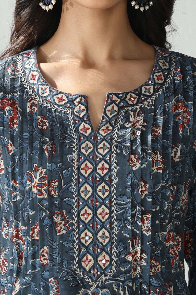 Indigo Hand Block Printed Straight Cotton Kurta