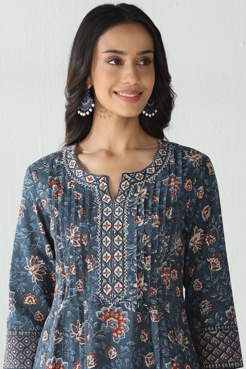 Indigo Hand Block Printed Straight Cotton Kurta