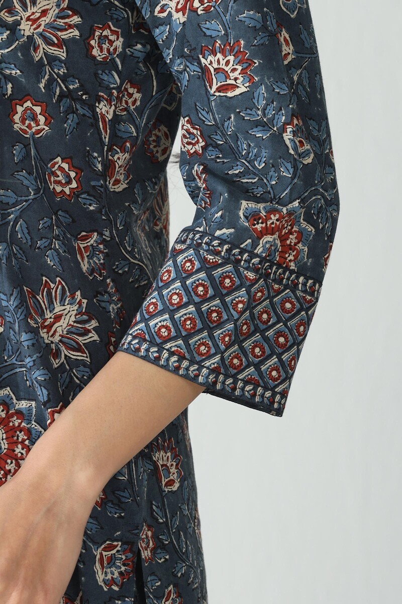 Indigo Hand Block Printed Straight Cotton Kurta