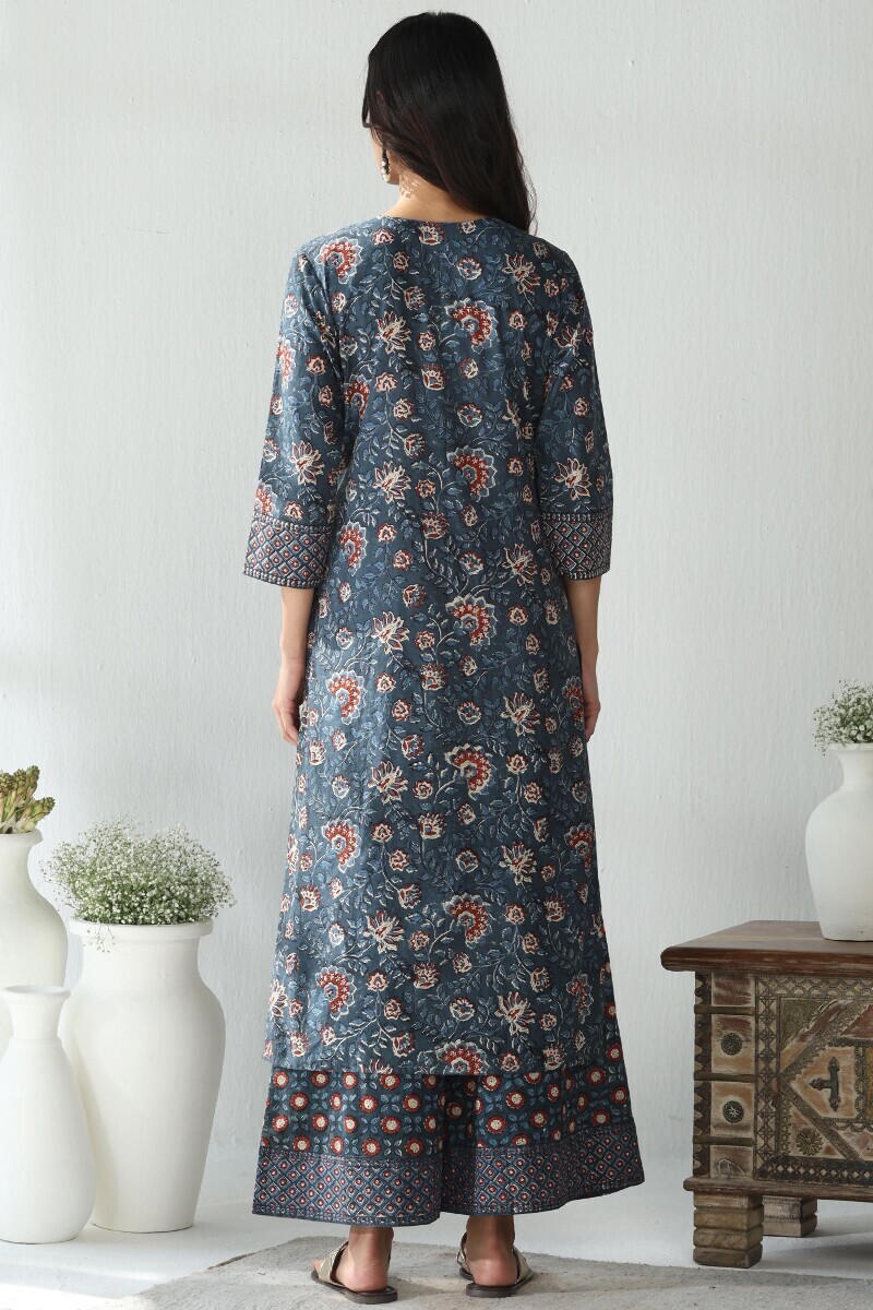 Indigo Hand Block Printed Straight Cotton Kurta