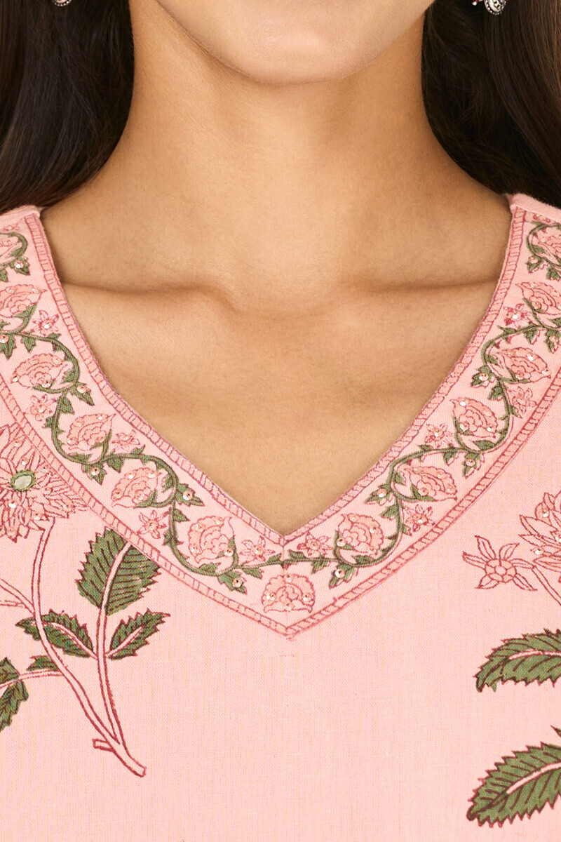 Pink Hand Block Printed Straight Cotton Flax Kurta