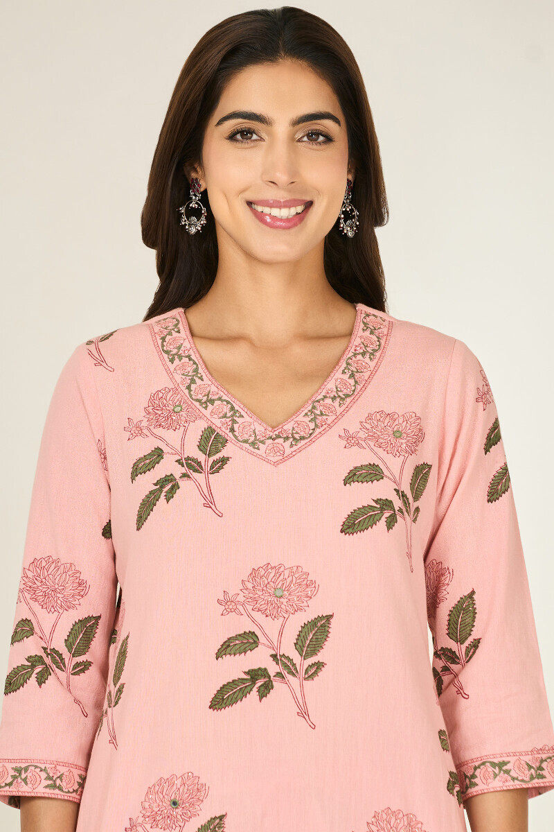 Pink Hand Block Printed Straight Cotton Flax Kurta
