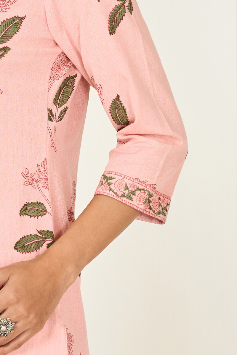 Pink Hand Block Printed Straight Cotton Flax Kurta