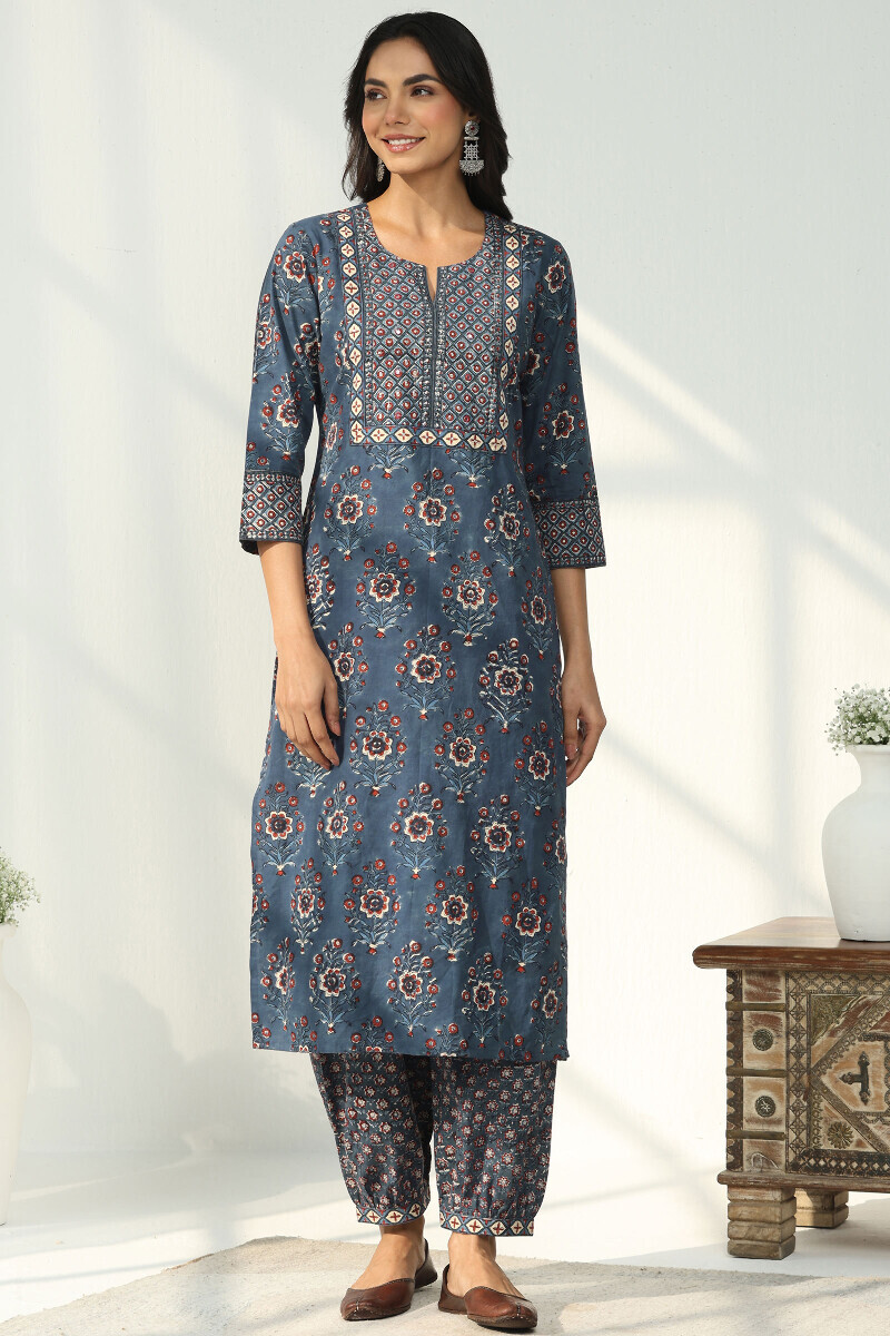 Indigo Hand Block Printed Straight Cotton Kurta