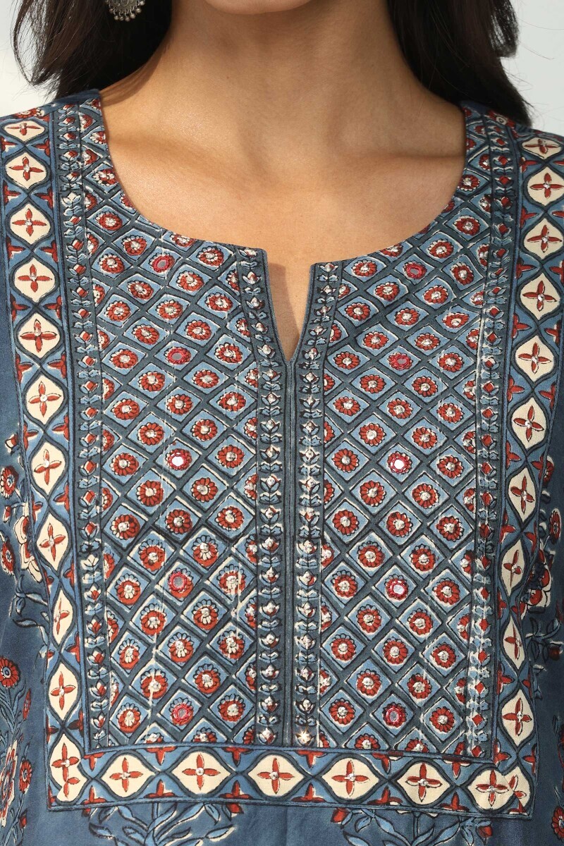 Indigo Hand Block Printed Straight Cotton Kurta