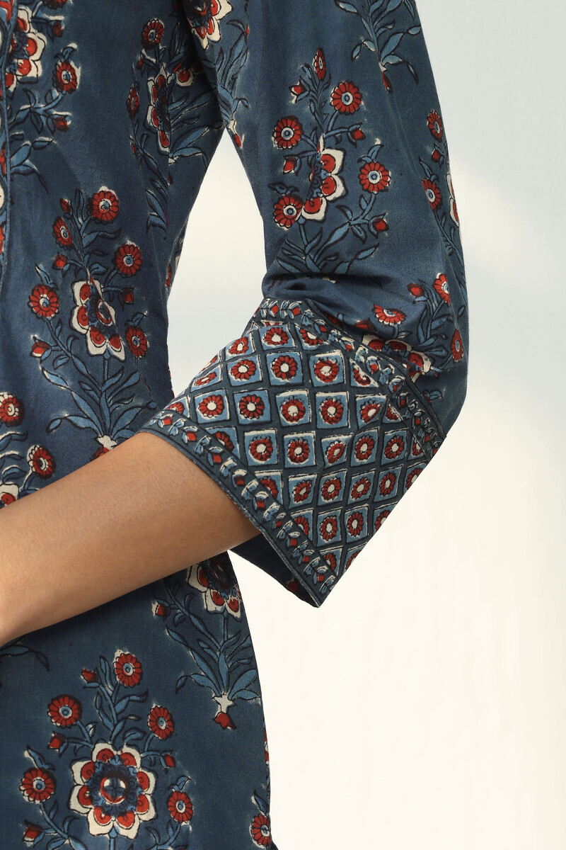 Indigo Hand Block Printed Straight Cotton Kurta