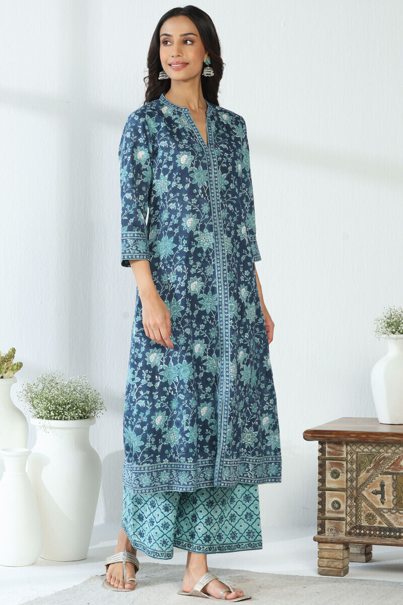 Blue Hand Block Printed A-Line Cotton Slub Kurta